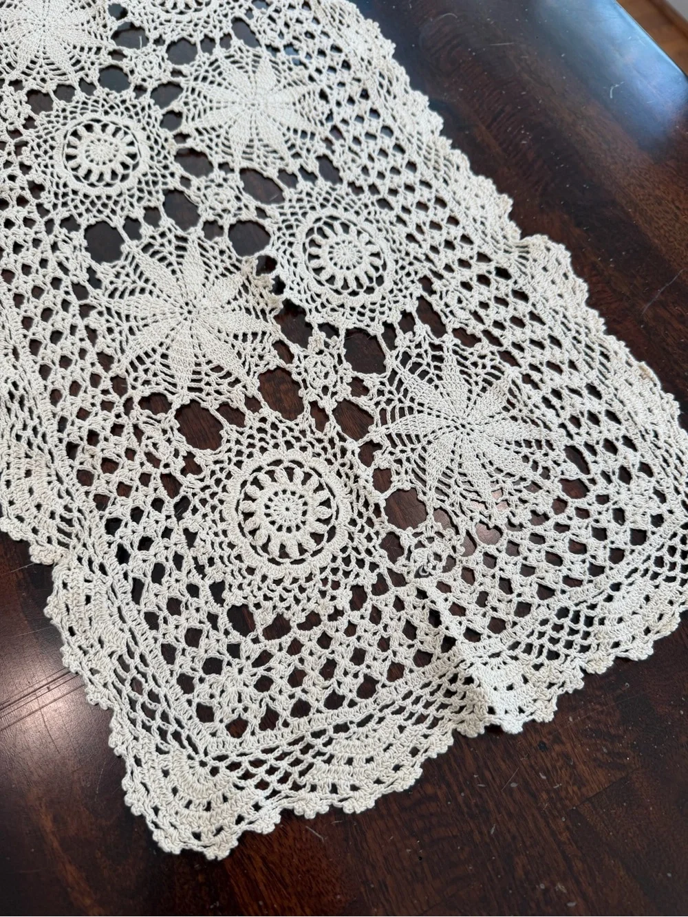 Vintage Hand-Crocheted Cream Table Runner off white 32”x13” floral Cottagecore